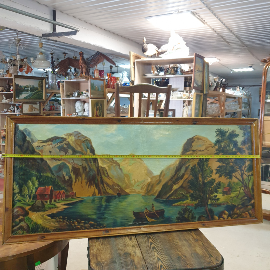 Картина "Жизнь на горном озере" холст, масло, небольшие дефекты рамы, есть подпись худ-ка, 152х67см. Картинка 4